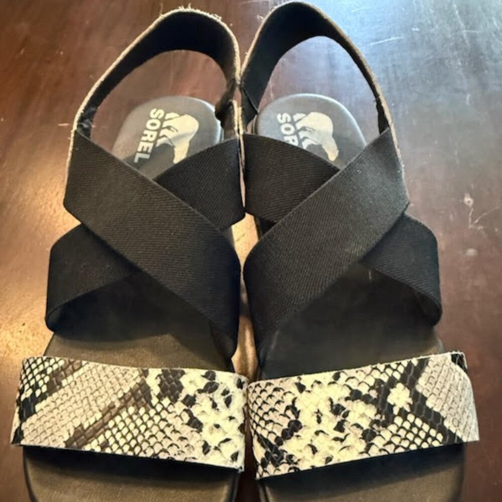 Sorel Women's Cameron Flatform Slingback Sandal - Black, Snake 9 - Picture 1 of 5